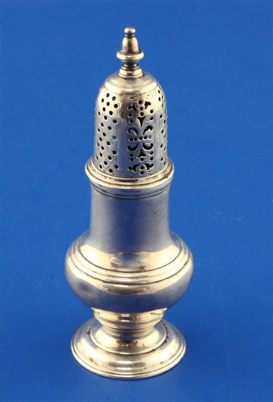 A George II silver baluster caster or pepperette by Samuel Wood, 3 oz.